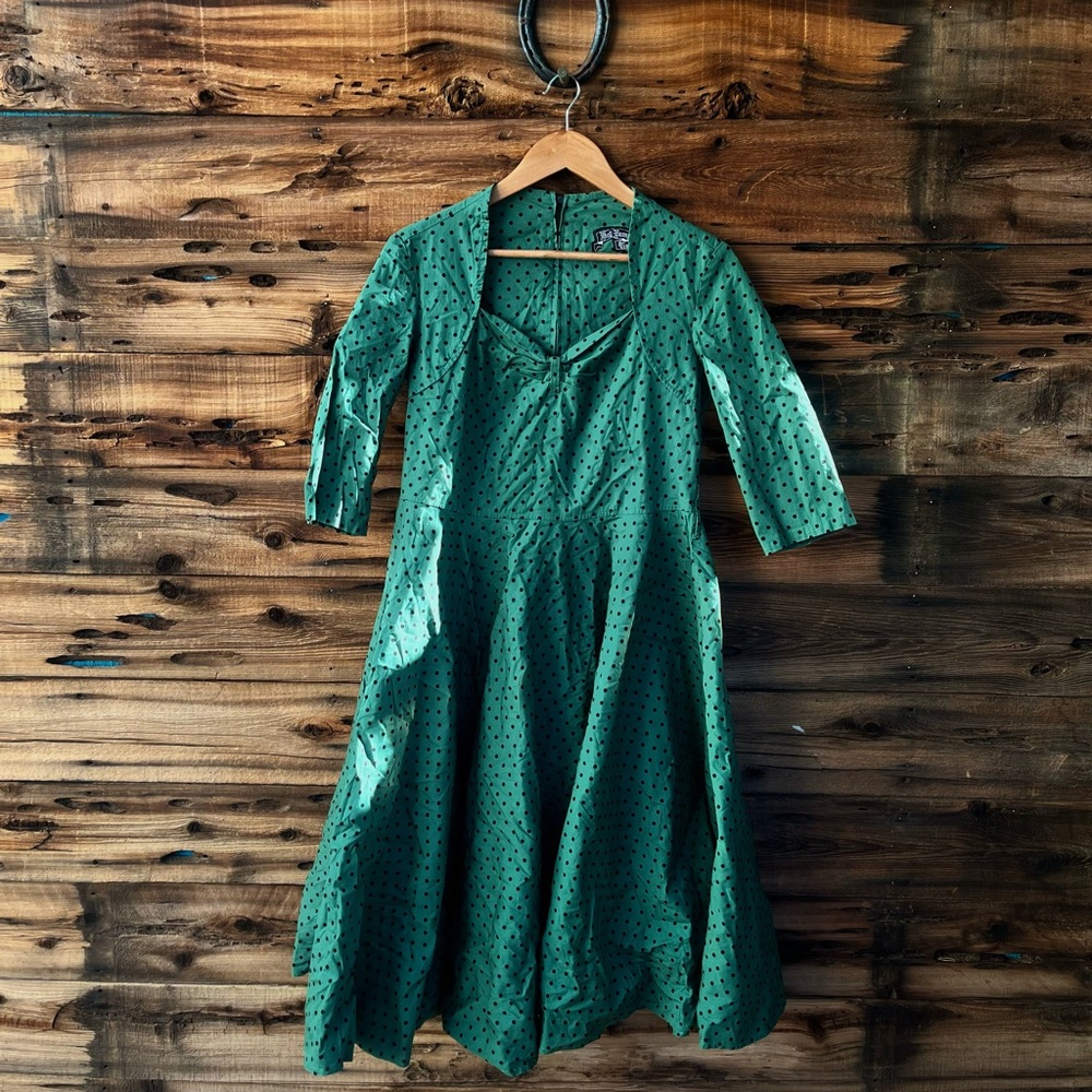 HELL BUNNY VIXEN | Green & Black Polka Dot Grunge Punk Vintage Style Dress XL